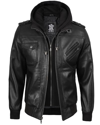 Image of fjackets Men Hooded Leather Jacket - Real Lambskin Men's Bomber Leather Jackets with Detachable Hood Stylish Casual Outerwear