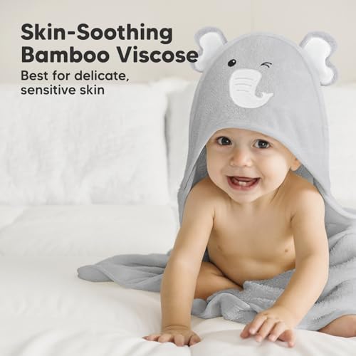 Image of KeaBabies Hooded Baby Towel for Newborn, Baby Bath Towels (Elephant, 35x35) | Viscose Derived from Bamboo, Large Baby Towels with Hood, Boys, Girls, Toddler, Soft Absorbent Baby Bath Essentials