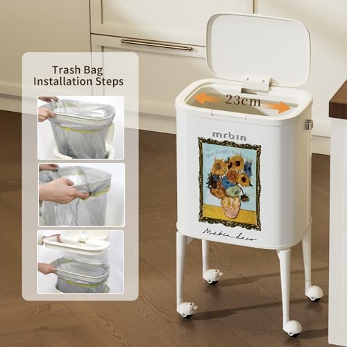 Image of MRBIN 23L Art Decor Trash Can with Wheels, Press-to-Open Lid, Tall Standing Garbage Bin with Lockable Casters, Metal Waste Basket for Kitchen, Living Room, Bedroom, Cream White