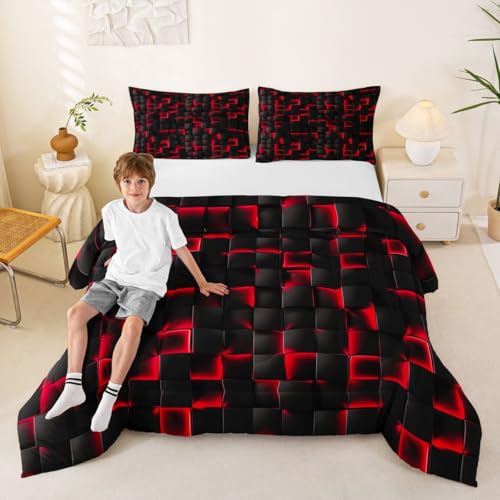 Image of Erosebridal Boys Red and Black Comforter Set King Geometric Checkered Kids Bedding Set Teen Men Gaming Room Decor,Abstract Ombre Plaid Comforter Grids Quilt Duvet