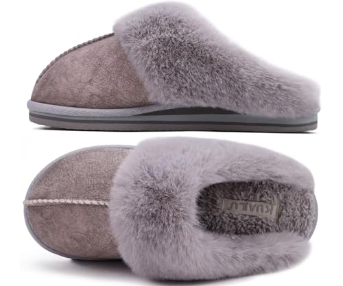 KuaiLu Womens Slippers Christmas Fluff Dual Memory Foam Stocking Stuffers for Ladies Cozy Arch Support Warm Scuff Slip on Comfy Winter House Shoes with Non-Slip Indoor Outdoor Hard Sole Grey 9