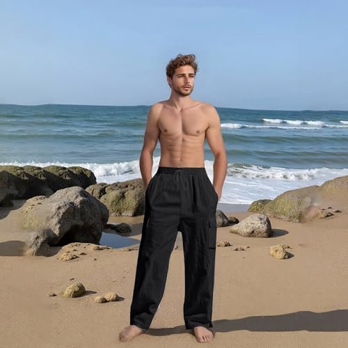 Hawyet Linen Cargo Pants for Men, Loose Fit Drawstring Waist Beach Yoga Casual Trousers, Summer Relaxed Fit Lounge Pants3