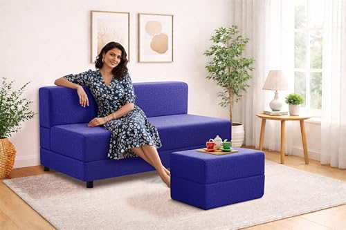 Image of 5X6-Feet Leg Sofa Cum Bed with Ottoman | Jute Fabric 3 Seater Convertible Sofa Bed | Modern Space Saving Furniture for Living Room | Purple