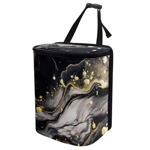 Image of Black Marble Car Trash Can with Lid,Leak-Proof Washable Auto Garbage Bag Interior Accessory Hanging Vehicle Trash Bin for Back Seat,Road Trip