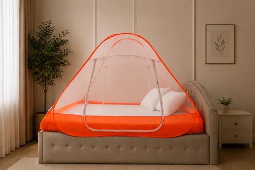 Image of Healthy Sleeping Mosquito Net | Double Bed | Supreme King Size Bed | Foldable Machardani with 2 Side Zipper Opening | Strong 30GSM Polyester Net | PVC Coated Steel Wire (Orange)