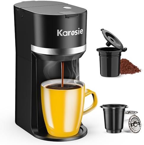 Single Serve Coffee Maker for K-Cup and Ground Coffee, Fast Brew, 6-12 oz Brew Sizes One Cup Coffee Machine Fits 5.5