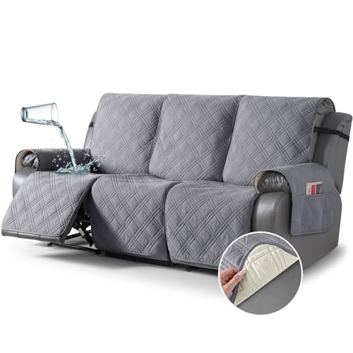 TAOCOCO Waterproof Recliner Sofa Cover, Non Slip Split Recliner Couch Cover with Elastic Straps Pocket, Washable Reclining Sofa Cover Furniture Protector for Kids, Dogs, Pets(3 Seater, Light Gray)