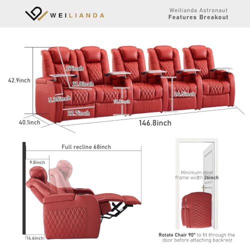 Image of Home Theater Seating, Top Grain Leather Movie Theater Chair | Red Row of 5 Loveseat Left, Zero Gravity, Power Headrest, Tray Table, Electric Reclining Seat for Media Room