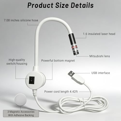 5mW Laser Light for Sewing Machine, Magnetic Quilting Seam Guide | USB magnetic laser guide with cross line, flexible neck and 3 magnets for quilting and straight seam alignment