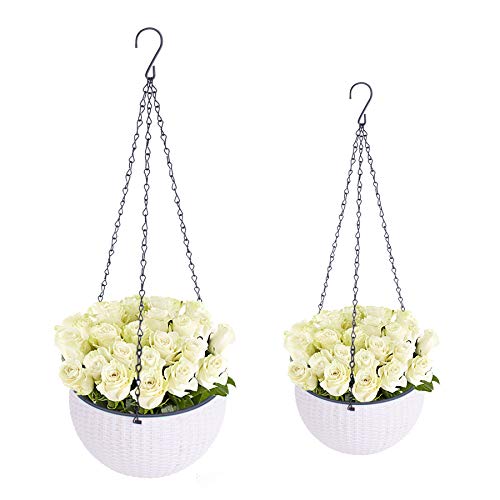 2 Pack Hanging Basket Planters, 2 Size Self-Watering Hanging Planter with Drainer and Chain for Indoor-Outdoor (White)