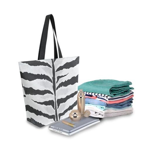 Extra Large Shoulder Tote Bag for Beach Travel Weekender Gym Black and White Tigers Stripe Reusable Grocery Canvas Shopping Bag3
