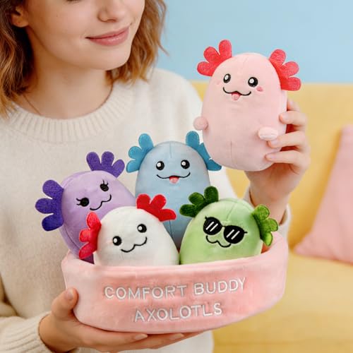 Image of Emotional Support Axolotl Plush Friendship Gifts, 5 Tiny Cute Stuff, Squishy Axolotls with Carrying Basket, Emotional Axolotl Pal, Best Friend Birthday Gifts for Women Bestie Adult (Axolotls)