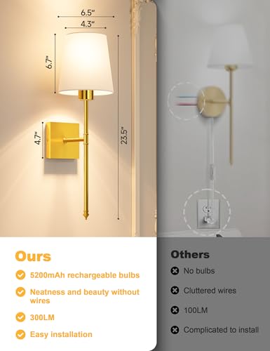Image of JOFIOS Battery Operated Wall Sconce Set of 2 - Gold Wireless Battery Wall Sconce with 5200mAh Rechargeable Light Bulb and Remote, RGB and Dimmable Cordless Wall Lights for Bedroom, Living Room
