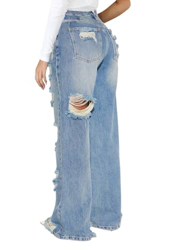 IbuduSexy Women's Mid Waisted Wide Leg Distressed Jeans Ripped Retro Denim Pants2