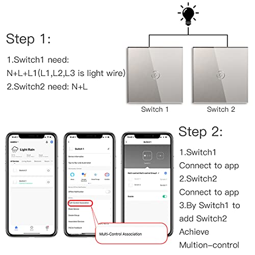 BSEED Smart Light Switch,Compatible with Alexa and Google Home,2 Gang WiFi Touch Switch,2 Way or Multi-Way Control by SmartLife APP,Grey Alexa Switch with LED Indicator Light-Neutral Wire Need-2pack - Image 4