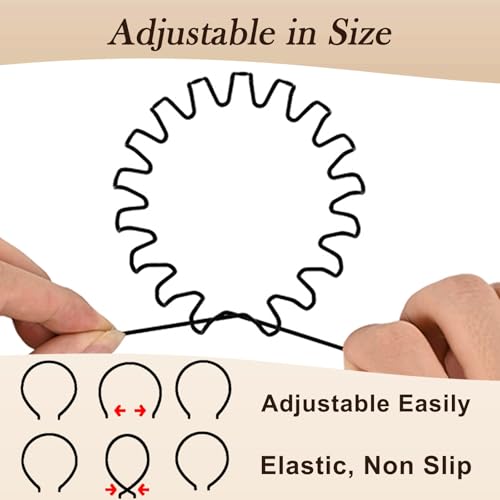 Metal Headbands for Men and Women, Wavy Adjustable Wire Hair Bands, Unisex Non-Slip Elastic Headband for Workout, Face Washing, Curly Hair & Daily Use. (6 Pack)