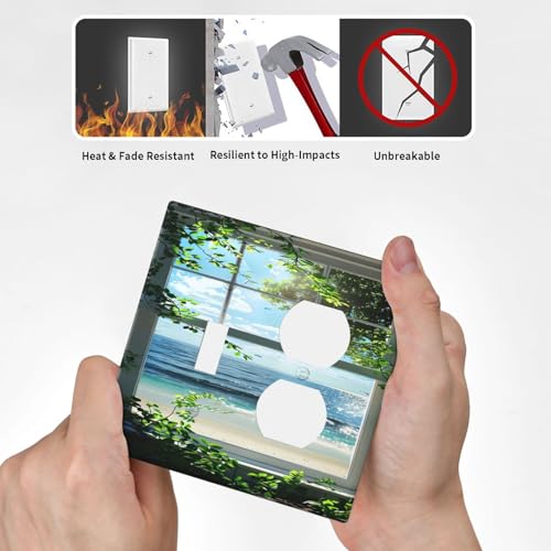 Decorative Outlet Covers Window Beach Seascape View Green Leaves 2 Gang Wall Plate Cover Single Toggle Duplex Combo Two Switch Light Switch Cover Plate Jumbo Dual GFCI Faceplate