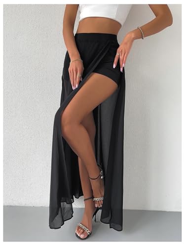 GORGLITTER Women's Mesh Sheer Ruffle Long Maxi Skirt See Through High Slit Coquette Skirts2