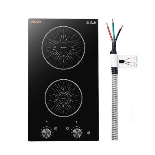 Image of VEVOR Induction Cooktop 12inch 2 Burners Built-in Electric Stove 220V 3500W, Induction Burner for Kitchen, with 11 Power Levels, Knob Control, Ceramic Glass Surface, Child Lock
