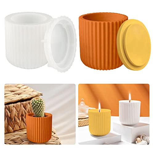 Moule en silicone bougeoir moule de coulée pot de bougie avec couvercle moule de coulée bougeoir en béton pot de moule en silicone avec couvercle cylindre rayé ciment porte-bougie moule