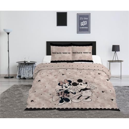 Parure de Lit Double Mickey et Minnie Classic, 2 Personnes, Housse de Couette Réversible 240x220 cm + 2 Taies d'oreiller 65x65 cm