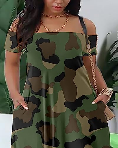 Women's 3D Print Off Shoulder Camouflage Boho Maxi Dress Summer Beach Long Dresses2