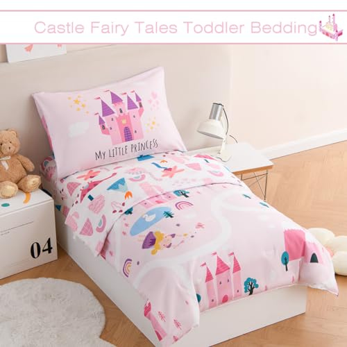 Image of PERFEMET 4 Pcs Twin Bedding Set for Girls Pink Castle Kids Bed in A Bag Comforter Set Ultra Soft Reversible Fairy Tales Themed Bedding Comforter with Sheet Set for All Seasons(Pink, Castle)