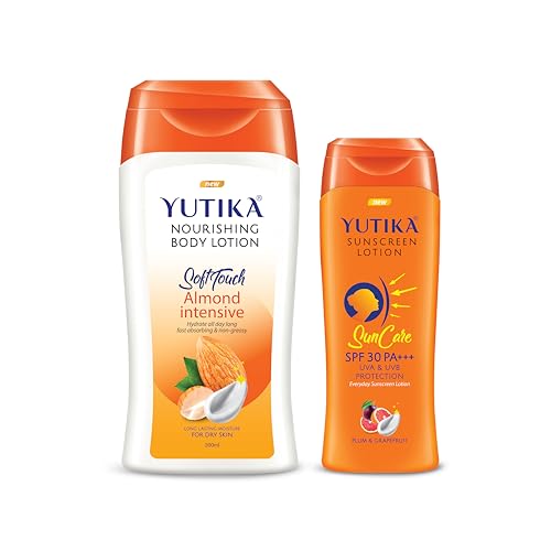 Image of Yuthika Almond Body Lotion 200ml with Sunscreen Lotion 100ml, Sunscreen SPF 30 PA+++ with UVA & UVB Protection, Nourishing Body Lotion for Women & Men