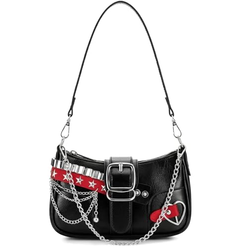 MJFSGYO Linda bolsa Y2k para mulheres, estampa de bordado de estrela com alça de corrente, bolsa de ombro, estilo gótico, linda mini bolsa, Preto e vermelho, 9 x 5.2 x 2.8 inches