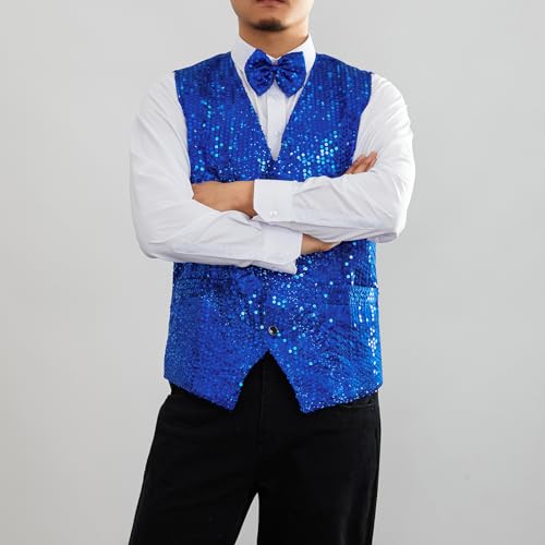 Hulpvktsgiq Men's Sequin V-Neck Suit Vests Formal Men Shiny Vest Tie Waistcoat with Pockets for Tuxedo Wedding4