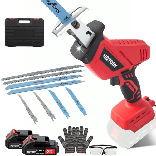 Image of Reciprocating Saw, Cordless, Electric Reciprocating Saw with 2 Batteries, Includeds 8 Blades Kit, Tool-free Blade Change, Variable Speed, Multi-Purpose, For DIY Wood Metal PVC Cutting (Red)