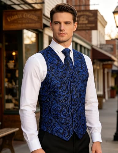Image of DiBanGu Mens Vest and Tie Set Formal Paisley Waistcoat and Necktie Pocket Square Cufflinks Silk Suit Vest for Tuxedo Wedding