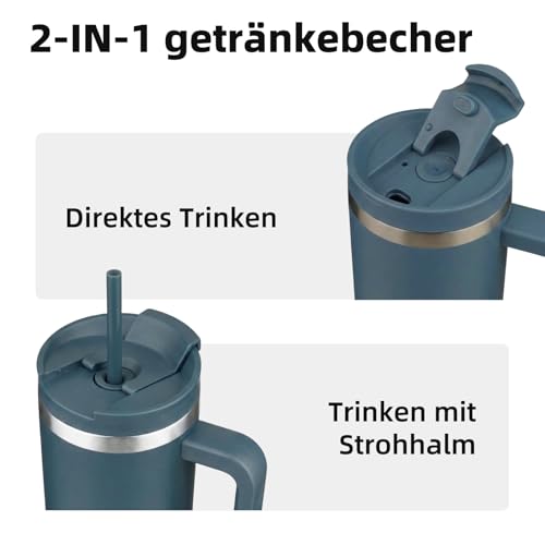 BJPKPK 900 ml Isolierter Edelstahl-Becher mit Griff Deckel und Strohhalm – Ansicht 5