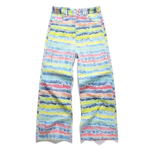 Men's Casual Summer High-Waisted Wide-Leg Multicoloured Watercolour Stripe Jeans Pants
