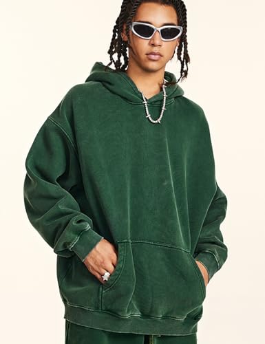 Arssm Mens Oversized Hoodie Acid Wash Pullover Vintage Cotton Heavyweight Sweatshirt Fleece Hoodie Men Streetwear(Green-M)4