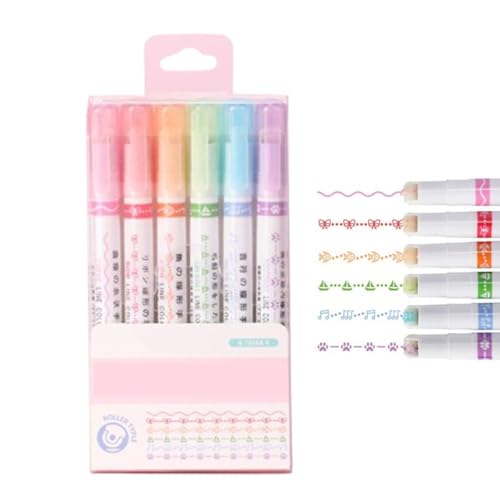 Explcior Lot de 6 Stylos À Bille Avec Tampon, Stylos Courbes pour Prise de Notes, Surligneurs À Double Pointe Avec Différentes Formes Courbes Et Lignes Fines, Marqueurs À Bille pour Prise Notes(C)