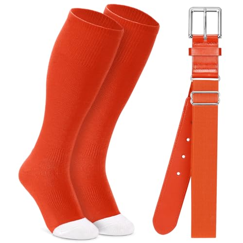 XZQTIVE Baseball Softball Socks and Baseball Softball Belt Combo Set Knee-High Soccer Socks for Kids Youth Adult Orange
