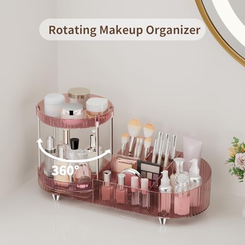 Image of 360 Rotating Makeup Organizer for Vanity, 2 Perfume Trays with 5 Compartments Cosmetic & Skincare Storage, Multi-Purpose Countertop Organizers for Bathroom, Desk, Pantry, Space-Saving Beauty Organizer