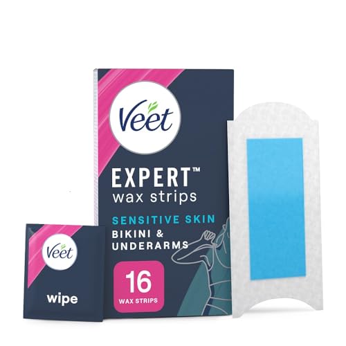 Veet Cold Wax Strips Sensitive Skin 16 Count + 3 Wipes Brazilian & Bikini Hair Removal Underarm Waxing with Almond Oil Expert Formula Men Smooth Finish
