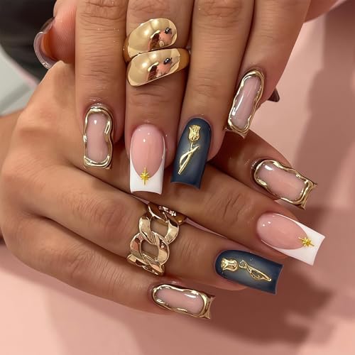 Auroriel 24 Pieces 3D French Tip Artificial Nails White Gold Metal Rose Design, Acrylic Fake Nails for Sticking, Irregular Lines Press On Tips, Reusable Artificial Finger