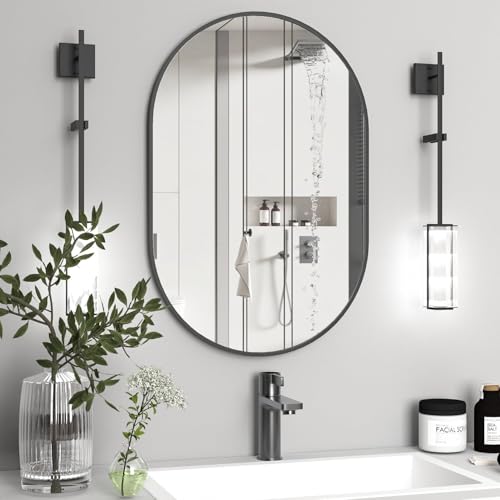 Image of Oval Wall Mirror with Durable Wooden Frame - 24 inchx16 inch (Black) | Modern Decorative Wall Hanging Mirror for Bathroom, Basin, Bedroom, Hostel Room Living Room, Dressing Table