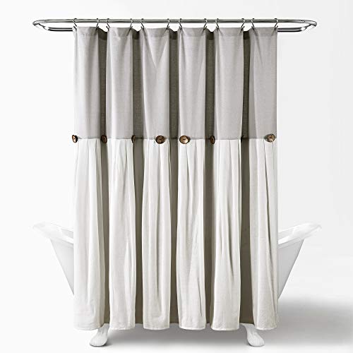 Image of Lush Decor Linen Button Shower Curtain, 72 inch W x 72 inch L, Gray & Off White - Gray Shower Curtain Fabric - Bathroom Curtain - Farmhouse Bathroom Decor