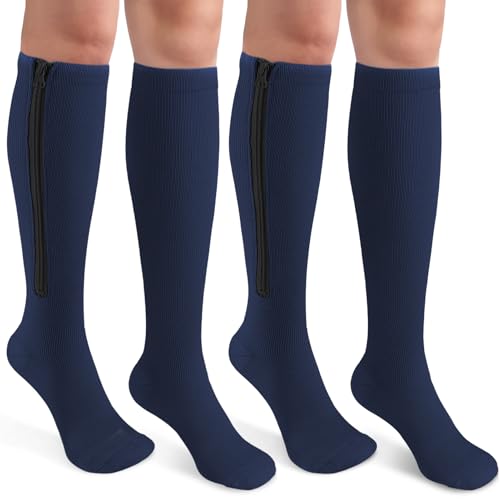 Image of CASMON 2 Pairs Zipper Compression Socks for Women & Men,15-20 mmHg Closed Toe Knee High Support Sock for Varicose Vein Edema