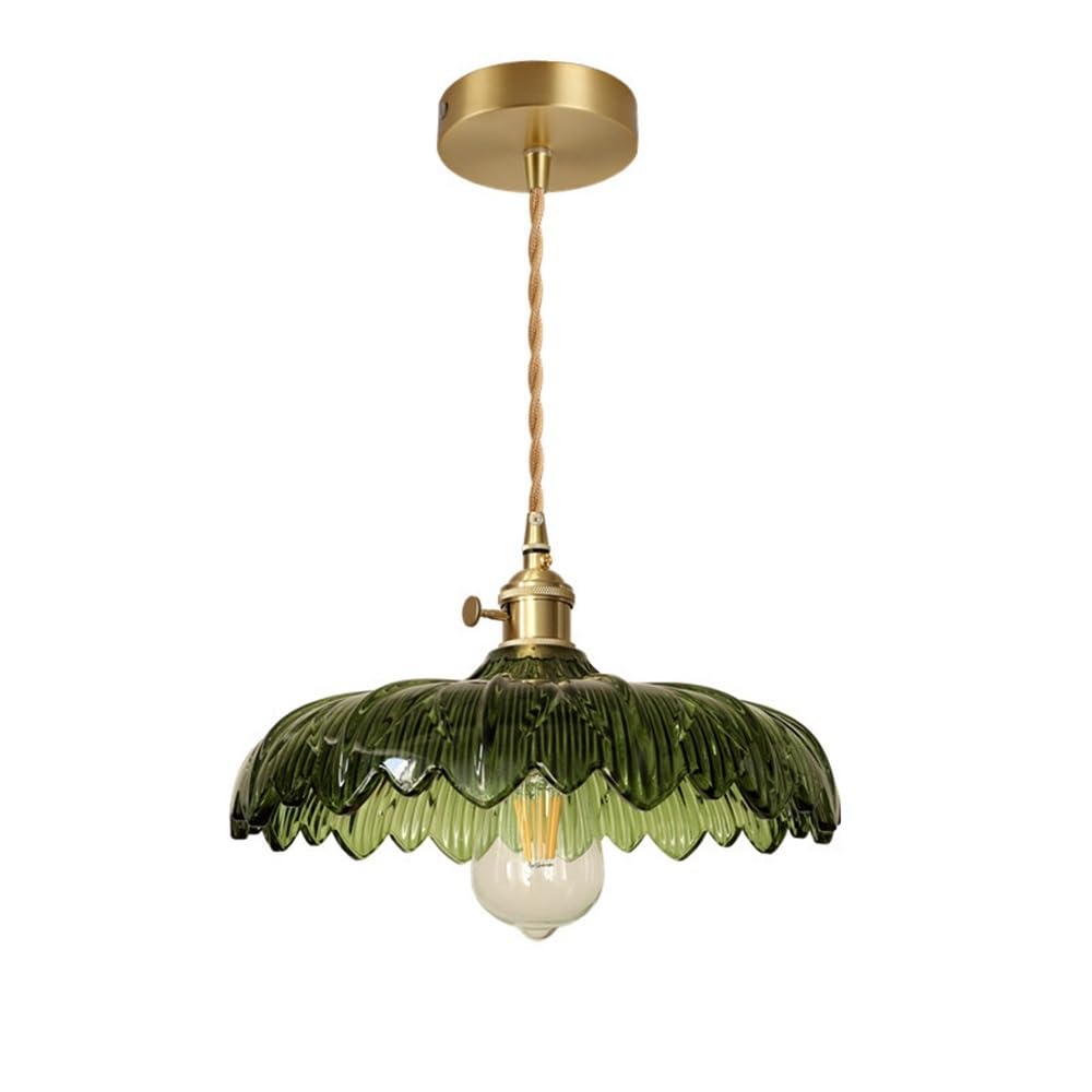Bloohk One Color Green Glass Pendant Light, Vintage Brass 1-Light Chandelier, Retro Emerald Glass Hanging Lamp For Kitchen Island, Dining Room & Bedside(30Cm)