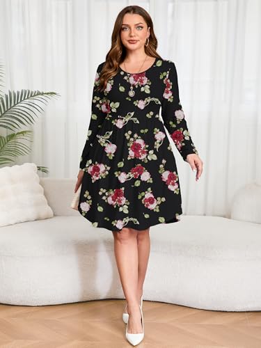 Image of AusLook Women's Plus Size Long Sleeve Midi Dress Casual Empire Waist Loose Flowy Dresses A-Line Boho Long Dress with Pockets
