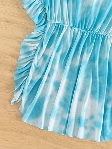 Image of Milumia Girl's Tie Dye Mesh Sheer Ruffle Coverups Beach Swimsuit Cover Up Ruffle Trim Blue 10 Years