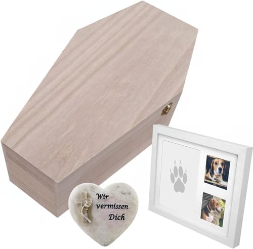 PrimoLiving petbye Holz Haustiersarg mit Gedenkset - Größe L für mittelgroße Haustiere - Tiersarg mit Metallverschluss - inkl. Grabschmuck, Bilderrahmen und Gipsabdruck