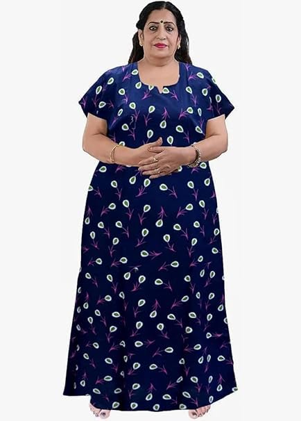Image of OFEEFAN Women's Printed Cotton Floral Maxi Nighty - Round Neck, Full Length Nightwear Gown, Plus Size Nightdress | Combo of 2 Comfortable Sleepwear