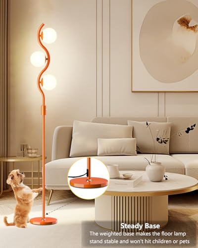 Image of Lightdot 3-Globe Dimmable Floor Lamp Orange Mid Century Modern Standing Lamp with 3PCS 3000K Bulbs Included Stepless Brightness Adjustable Stable Base for Living Room /Bedroom /Sofa Beside /Corner Decor