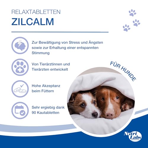 NutriLabs Zilcalm Beruhigungstabletten für Hunde - 90 STK. - mit Milchprotein, Ashwagandha, Probiotika, L-Tryptophan UVM. - Beruhigungsprodukte für Hunde - Nahrungsergänzungsmittel Hund